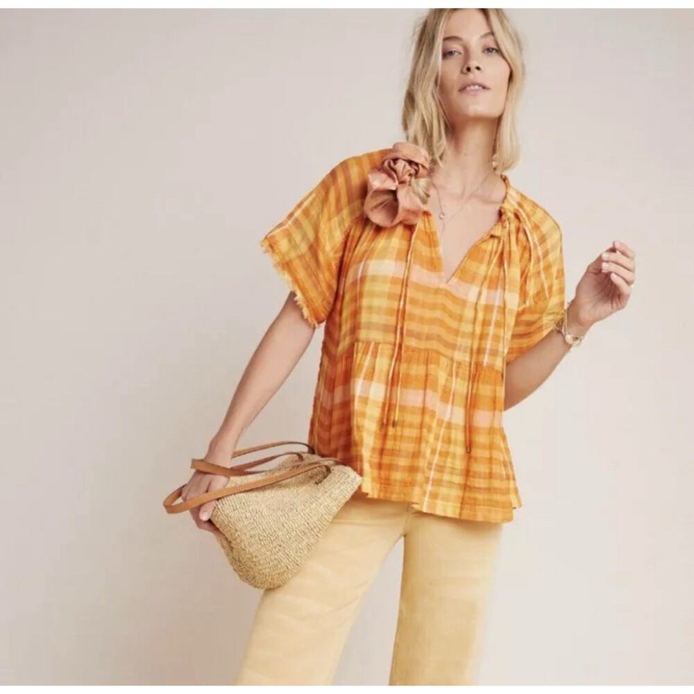 Anthropologie Pilcro Bette Babydoll Top XS Orange Flowy‎ Peasant Gauzy Milkmaid